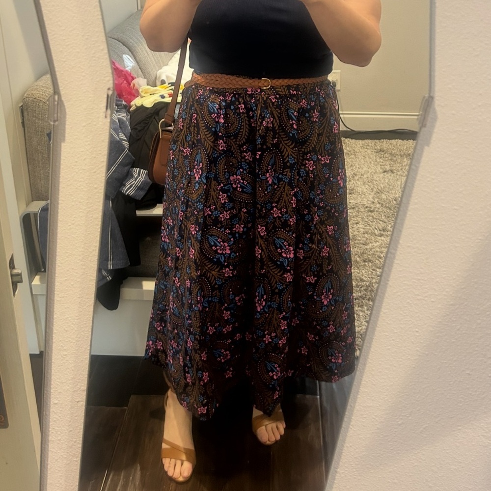 Boden Navy, Brown & Pink Floral Ruched Midi Skirt With Pockets - US10